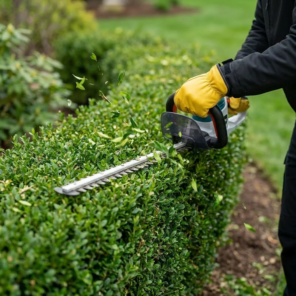 Person mit gelben Handschuhen schneidet grüne Hecke mit Heckenschere