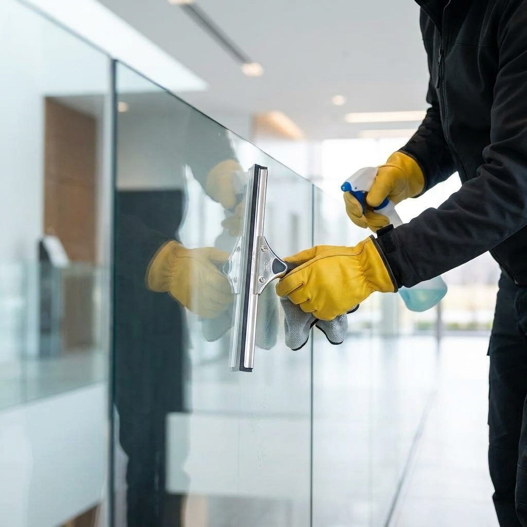 Person mit neutralem Blick reinigt Glaswand mit gelben Handschuhen