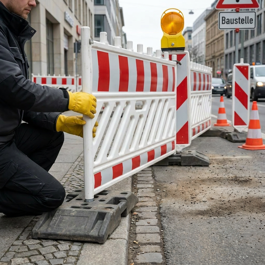 Knender Mann in gelben Handschuhen montiert rot weiße Baustellenbake