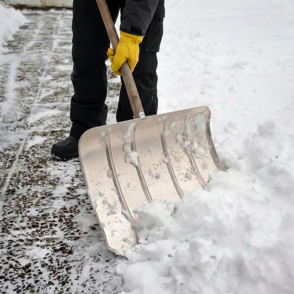 Person in schwarzer Kleidung schaufelt Schnee mit gelben Handschuhen